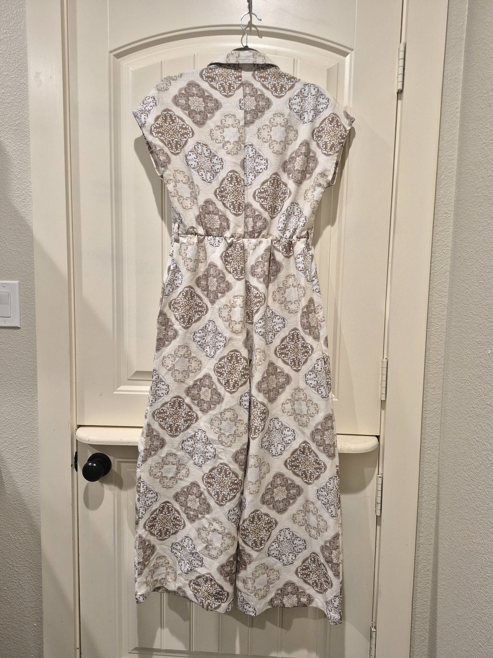 Cream and Brown Tile-Print Short-Sleeve Jumpsuit